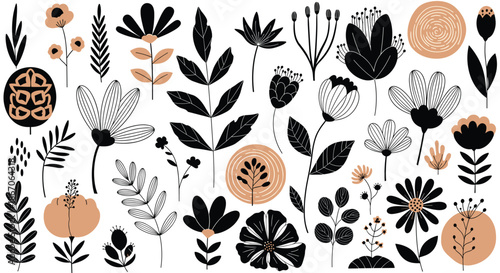Large collection of hand drawn floral silhouettes and elements in black and beige tones for versatile graphic design projects.