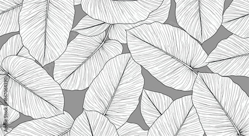Seamless pattern featuring a dense arrangement of hand-drawn banana leaves with detailed vein textures on a neutral grey background for textiles.
