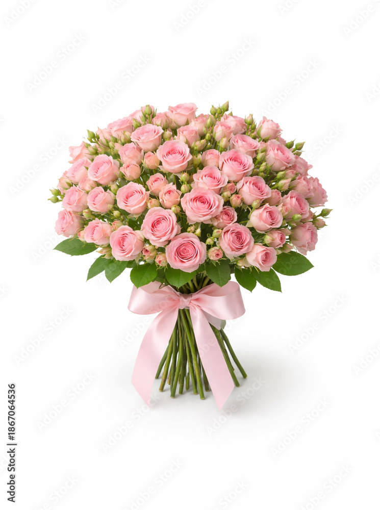 Obraz premium Pink rose bouquet with ribbon, isolated on white background.