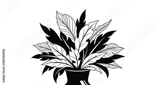 Stylized hand drawn composition of large leaves in a black vase in high contrast monochrome style on a white background.