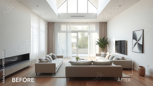 A modern living space features clean lines and a neutral palette, captured in a split composition.
