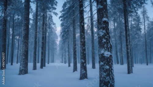 Snow-covered forest with tall trees and a path in winter.
