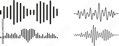 Sound Waves Icon set. Waveform pattern for music player, podcast, voise message. Vector illustration isolated on white background. Voice and radio signal spectrum lines. Song track amplitude graphic.
