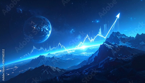 A blue-toned landscape features mountains with a bright line graph overlayed, pointing upwards, with a planet in the sky