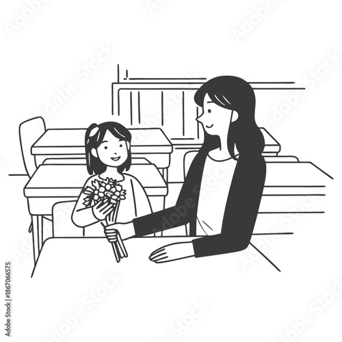 Teacher receiving flowers from student in classroom