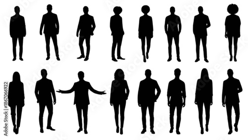 Diverse collection of human silhouettes representing men and women in various poses