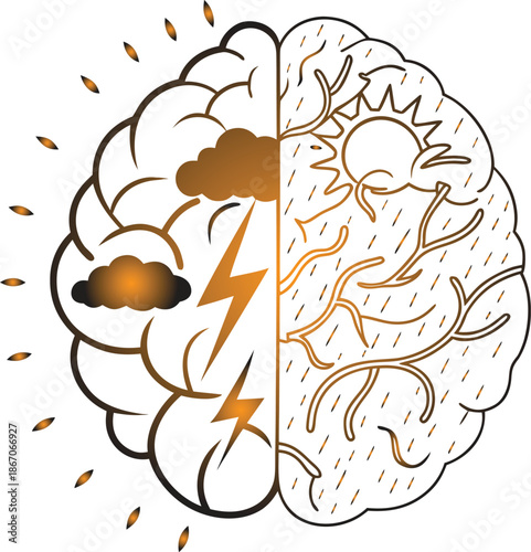 Illustrative representation of the human brain divided into two hemispheres, one depicting a stormy, cloudy sky with lightning, and the other a sunny sky with rain