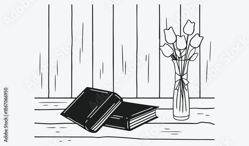 Minimalist window sill with notebooks and tulips