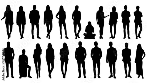 Diverse collection of human silhouettes in various poses and forms on a white background