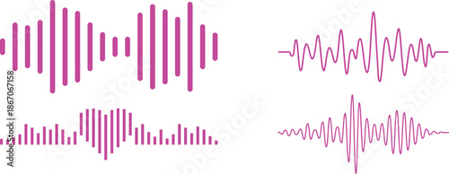 Sound Waves Icon set. Waveform pattern for music player, podcast, voise message. Vector illustration isolated on white background. Voice and radio signal spectrum lines. Song track amplitude graphic.