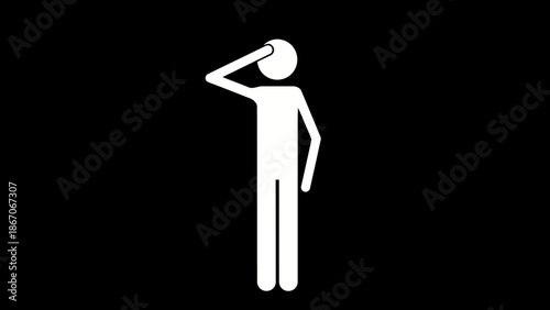 White stick figure silhouette saluting, black background