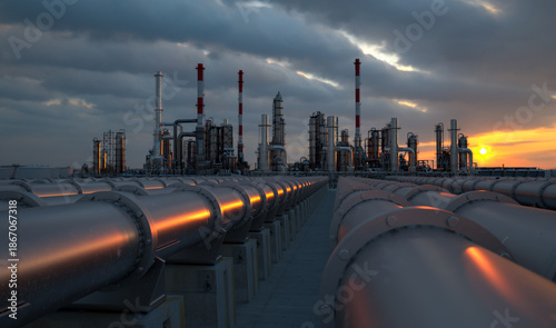 Industrial pipelines leading to an oil refinery at sunset.3D rendering.
