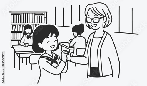 Happy student showing work to teacher in classroom