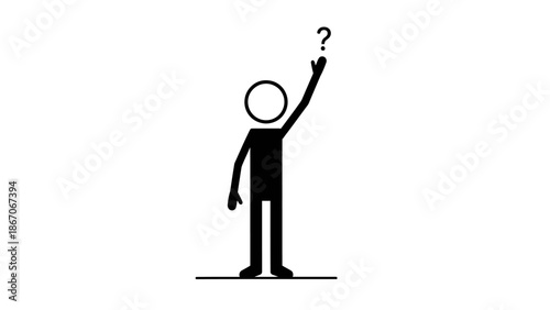 Confused stick figure man raising arm with question mark above head, seeking answers on an isolated white background.