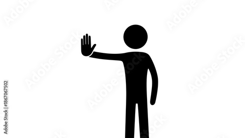 Black stick figure silhouette showing a stop hand sign on an isolated white background, warning and refusing
