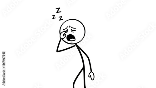 Tired stick figure person yawning with 'ZzZ' symbols indicating sleepiness in a bright studio.
