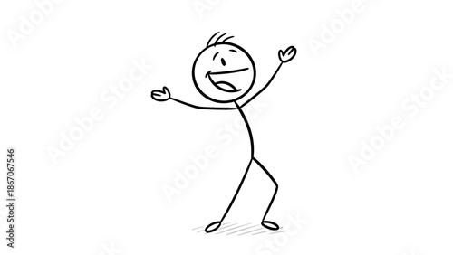 Joyful stick figure jumping with arms raised in a bright studio, celebrating and excited