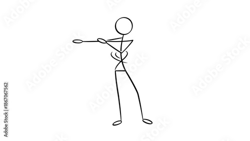 Relaxed stick figure stretching arms sideways in a bright studio, active and warming up