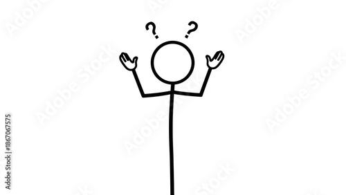 Confused stick figure shrugging with question marks above head in a bright studio, uncertain and perplexed