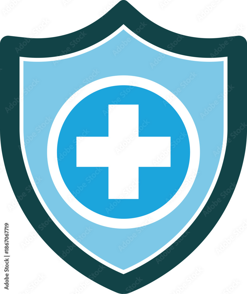 Fototapeta premium Blue shield with white cross and light blue oval emblem medical healthcare