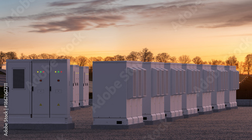 Energy Storage System near a photovoltaic farm.3D rendering.illustration.