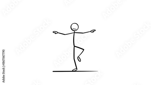 Stick figure man balancing on one leg with arms outstretched, performing a yoga tree pose on an isolated white background, serene and focused mood.