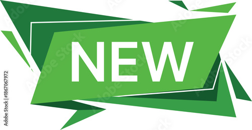 Green geometric banner with white text NEW and abstract shapes