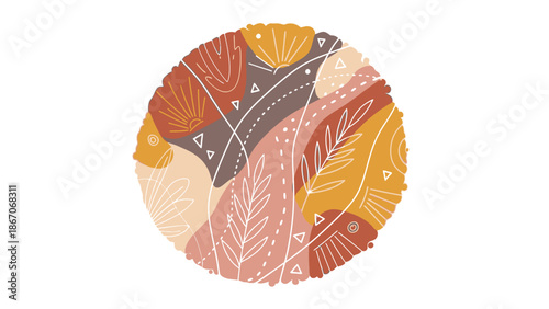 Abstract circular design featuring organic shapes and stylized floral elements in warm, earthy tones with a textured finish.