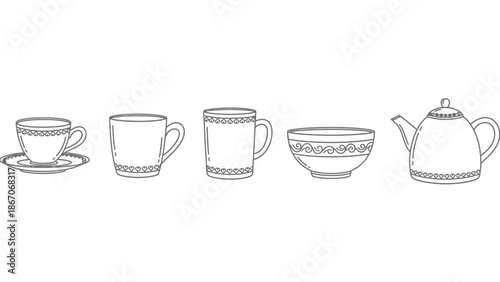 Collection of hand-drawn line art illustrations of various ceramic kitchenware items including teacups, mugs, a bowl, and a teapot with decorative patterns.