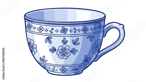 A beautifully decorated white and blue porcelain teacup with intricate floral patterns and a handle.