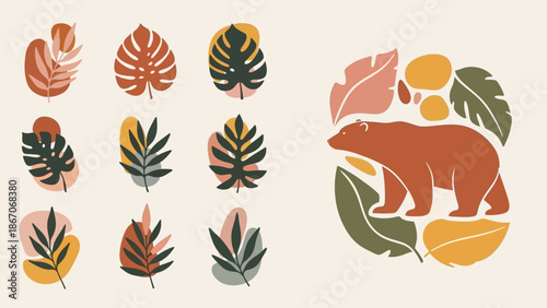 Abstract botanical illustrations with stylized tropical leaves and a brown bear in a circular composition, featuring earthy and muted color palettes.