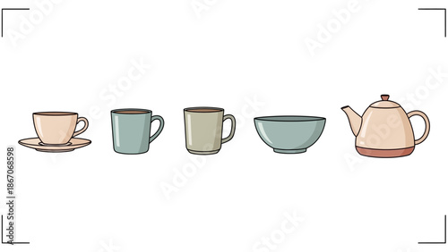 Collection of various ceramic kitchenware and drinkware items including cups, mugs, a bowl, and a teapot in a cartoon style.