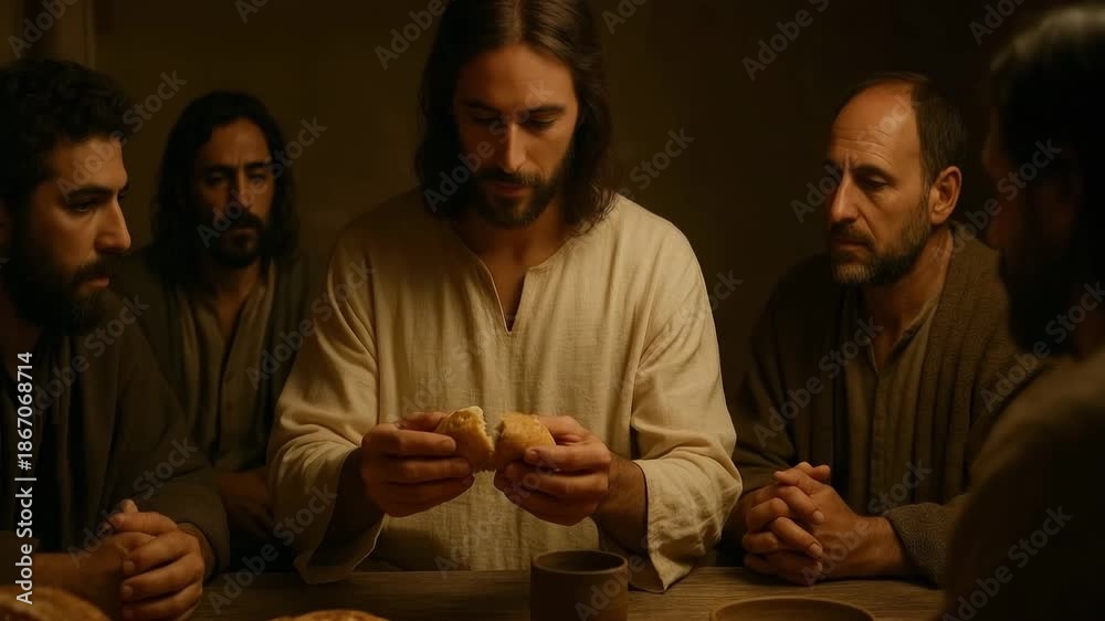Jesus Christ breaking bread at the Last Supper with his apostles ...