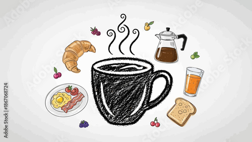 Hand-drawn breakfast illustration with a steaming coffee mug, croissant, fried egg, bacon, toast, orange juice, and moka pot, surrounded by berries.