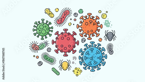 Colorful cartoon illustration of various microorganisms including viruses, bacteria, and germs, representing health and disease.