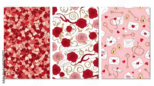 Three seamless patterns featuring hearts, roses, and romantic elements like letters, keys, and locks, ideal for Valentine's Day or love-themed designs.