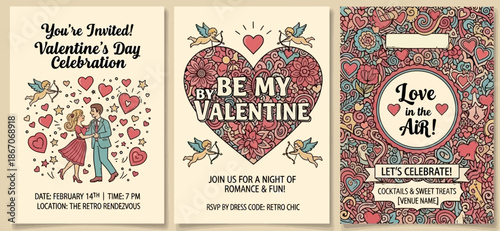 Three vintage-style Valentine's Day invitation cards featuring romantic illustrations of couples, hearts, cupids, and floral patterns, with event details.