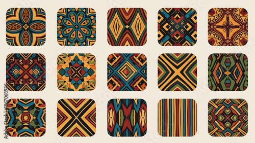 Collection of intricate ethnic geometric patterns in various colorful designs on square tiles.