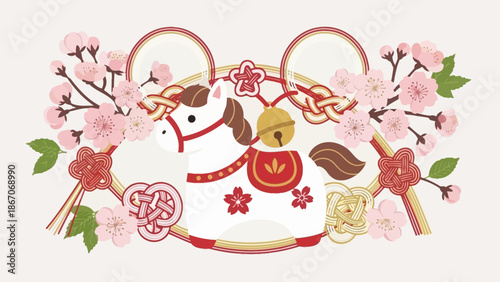 Illustrative depiction of a charming white horse figurine surrounded by pink sakura flowers and intricate Japanese knots.