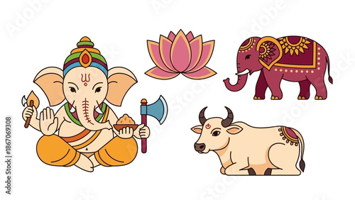 Cartoon illustration of Hindu deity Ganesha, a pink lotus flower, a decorated elephant, and a white sacred cow, representing Indian culture.