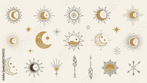 A collection of mystical and bohemian celestial elements featuring stylized suns, crescent moons, and stars in a spiritual and astrological design.