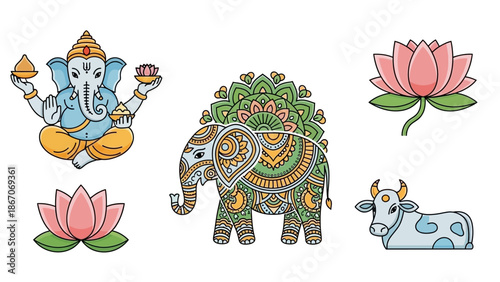 A collection of colorful Hindu religious and cultural symbols including Ganesha, a decorated elephant, two lotus flowers, and a sacred cow.