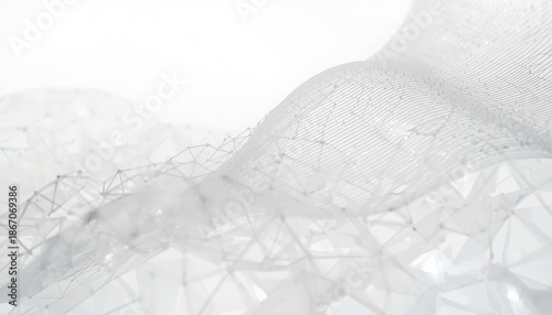 A futuristic network of interconnected lines and nodes forms a wave-like structure against a white background