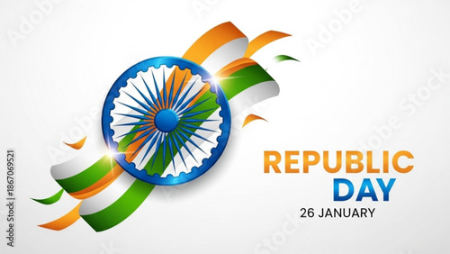 Indian republic day 26 january celebration with ashoka chakra and tricolor ribbon on white background with Patriotism and National symbol and National pride