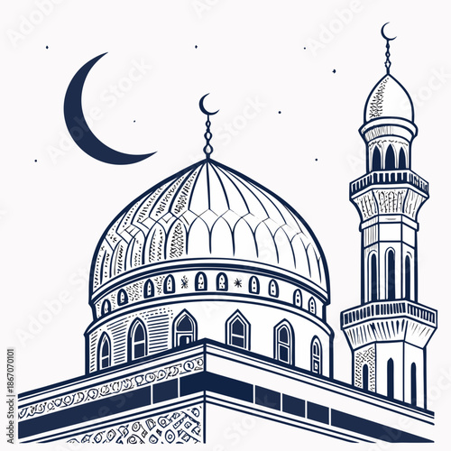 Illustrated mosque with crescent moon