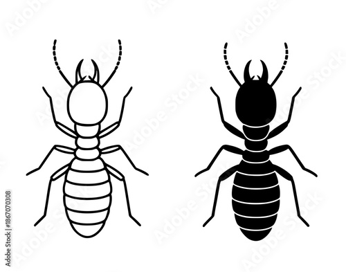 Termite illustration, black and white, outline and silhouette style