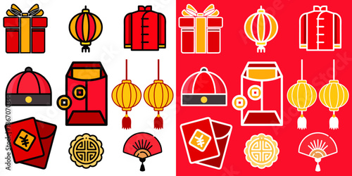 Elevate your designs with vibrant Chinese New Year icons and symbols, perfect for festive and cultural designs, conveying fortune, prosperity, and happiness