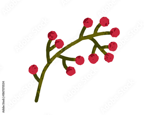 Red berries branch, sprig. Festive winter decor. Holly twig. Seasonal Christm...