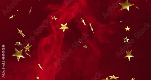 Gold five-pointed stars entering from top, drifting and rotating over red smoke to form parallax