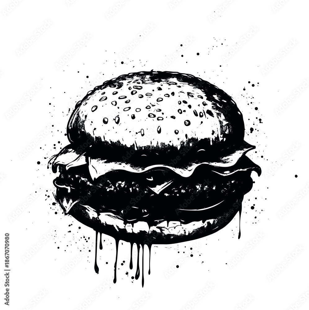 Fototapeta premium Grunge hand drawn illustration of hamburger depicting a messy burger with sauce drips and ink splatters for fast food advertising